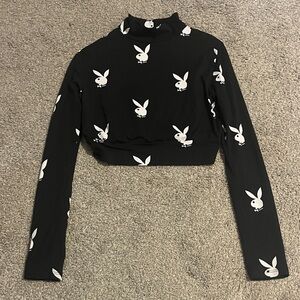 PLAYBOY Black and White Bunny Print Crop Top